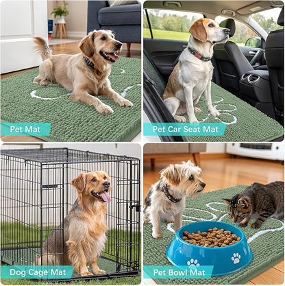 OLANLY Dog Door Mat for Muddy Paws 36x24, Paw Print Design, Absorbs Moisture and Dirt, Non-Slip Washable Doormat, Quick Dry Chenille Mud Mat, Entry Indoor Entryway Carpet, Olive Green and White
