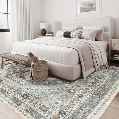 zesthome 8x10 Area Rugs for Living Room,Non-Slip Backing Washable Rugs,Vintage Large Area Rug，Stain Resistant Home Decor Rug (Grey/Orange,8'x10')