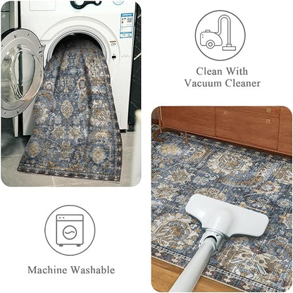RUGSURE Washable Area Rugs - Perfect for Living Room, Bedroom, Kids Room, Nursery - Stain & Water Resistant Non-Slip, Pet & Child Friendly, Vintage Tribal Area Rugs (Navy, 4' x 6')