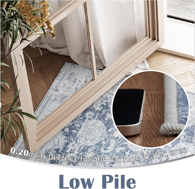 jinchan Fiora Washable Area Rug 8x10 for Living Room Soft Faux Wool Ultra-Thin Stain Resistant Non-Slip Distressed Vintage Floral Large Carpet for Bedroom, Home Office, Nursery(Dark Blue, 8'x10')