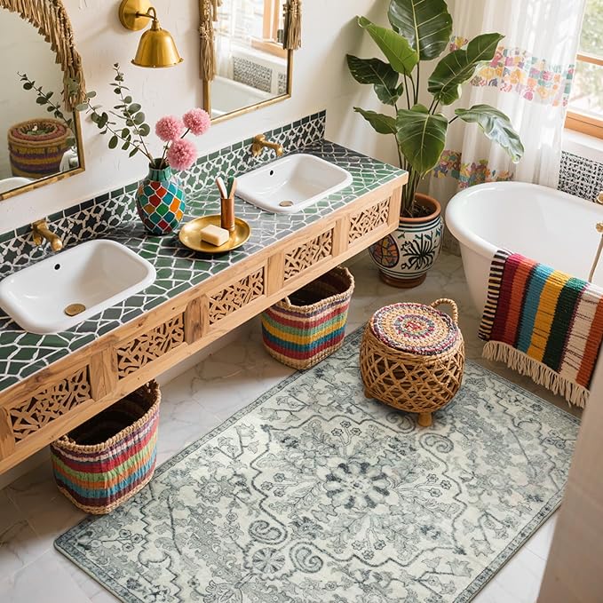 Lahome Bohemian Floral Medallion Area Rug - 3x5 Beige Washable Entryway Rug Office Mat, Transitional Non Slip Indoor Throw Bedroom Carpet for Kitchen Coffee Table Mudroom Dressing Room RV