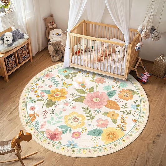 Floral 8ft Area Rug Machine Washable Soft Print Boho Carpet Non Slip Doormat Low Pile Flower Area Rugs for Living Room Bedroom Nursery Kitchen Dining Room Indoor-Beige/White/Orange