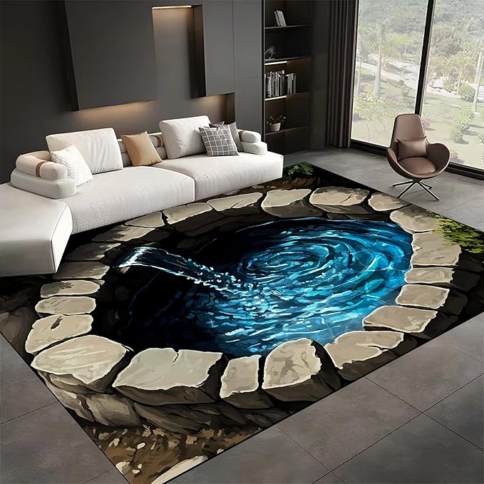 3D Well Waterfall Bedroom Carpet, 6x8ft, Visual Illusion Deep Hole Entrance Rug, Huge Stone Cracks Non-Slip Rugs, Cozy Breathable with Non Slip Backing Mat for Indoor Bedside