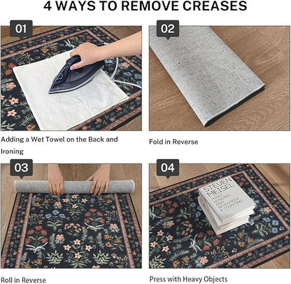 Boho Floral Machine Washable Runner Rug 2x6, Black Navy Kitchen Runner Rug Non-Slip, Super Thin Hallway Rug Runner Printed Faux Wool Soft Carpet for Entryway Bedroom Laundry Room Indoor