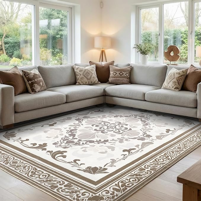 SOULFUL Medium Pile 4x6 Rugs for Living Room - Soft Foot Feel Area Rug - Brown Boho Floral - Washable Non-Slip - Perfect for Bedroom Kids Room Under Dining Table Office