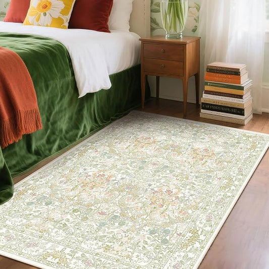 Boho Sage Green Bedside 3x5 Washable Rug for Bedroom, Thin Botanical Vintage Area Rug for Large Entry, Dorm, Kitchen, Foyer, Mudroom, Laundry - Cottage Core Low Pile Non Slip Indoor Front Door Carpet