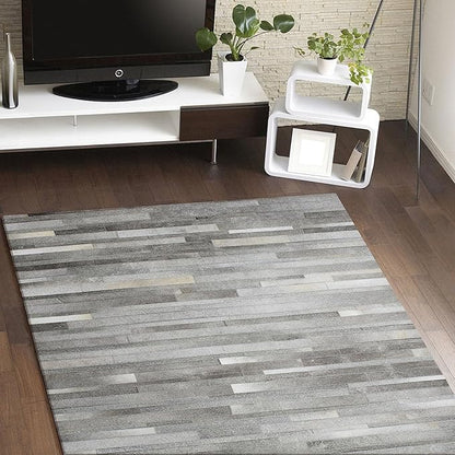 Cowhide Leather Rug for Living Room 5x8 Natural Leather Silver Rug Modern Stripes Style Floor Carpet for Home Decor | Superior Indoor Area Rug