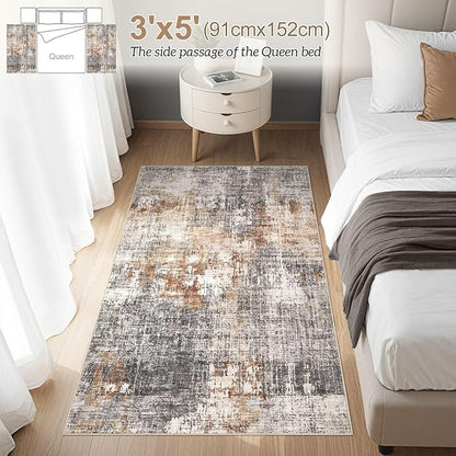 Washable Area Rug: 3x5 ft Abstract Small Rugs for Entryway Kitchen Living Room Bedroom - Non Slip Modern Neutral Carpet Indoor Front Door - Grey Brown