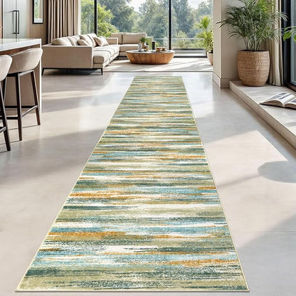 Modern Abstract Runner Rug 2.6x18, Green Mustard Multi Washable Long Kitchen Runner Non-Slip Soft Hallway Rug Runner Thin Print Faux Wool Carpet for Entryway Bedroom Laundry Room Indoor