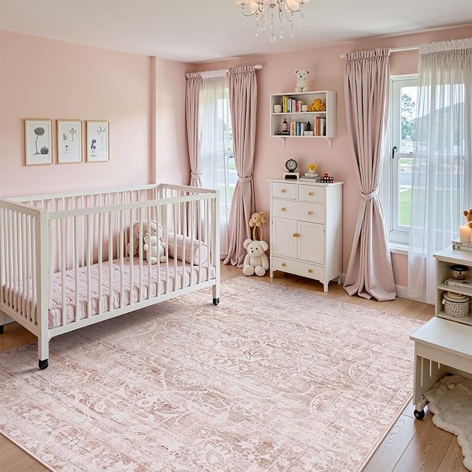 Lahome Pink Area Rugs 8x10,Washable Boho Living Room Rugs,Floral Large Area Rugs Non-Slip Soft Bedroom Rug 8x10 Under Bed Baby Girl Nursery Rug for Dining Room Table Office (Pink,8'X10')
