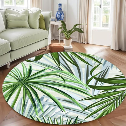 Round Rug 6ft - Pink Tropical Floral with Watercolor Leaves, Non-Slip Low Pile Circle Rug, Bohemian Jungle Turtleback Design for Dining Room Table, Living Room, Bedroom
