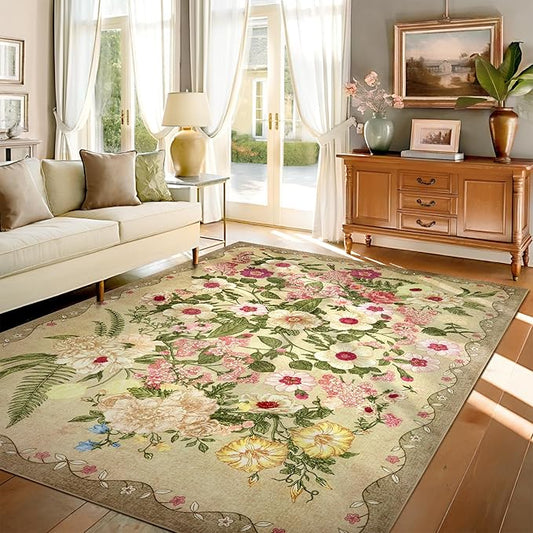 Floral Rug for Living Room - 4x6 Washable Area Rugs Non-Slip Soft Low-Pile Stain Resistant Carpet Flower Vintage Indoor Rug for Bedroom Dining Room Office Nursery Room, Brown