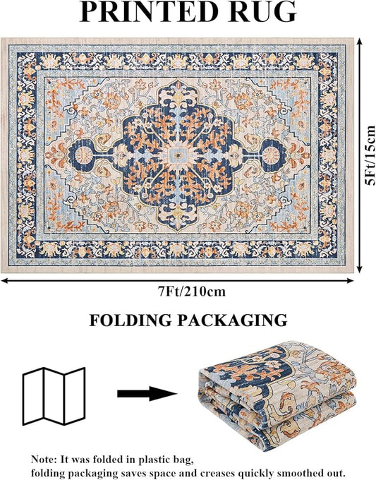 U'Artlines Boho Vintage Area Rug 5x7 Machine Washable Low Pile Soft Floor Carpet Non Slip Non Shedding Accent Rug for Living Room Bedroom Entryway Dining Room Office Orange＆Blue