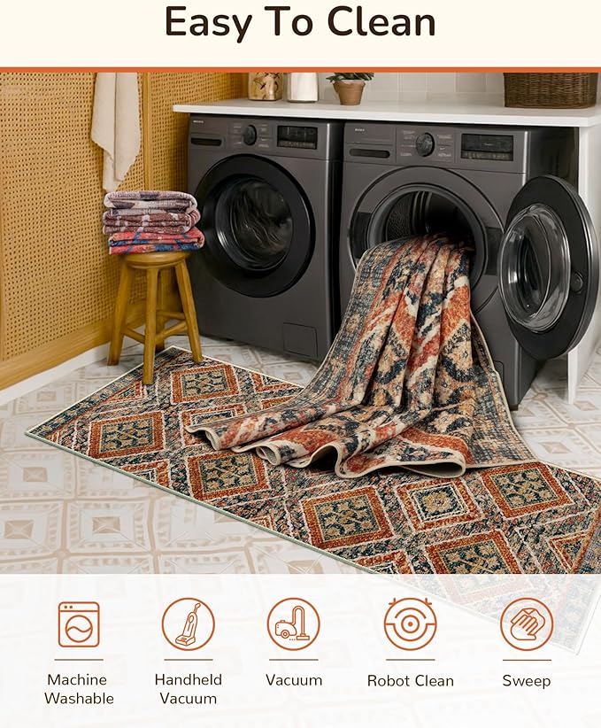 Area Rug 8x10 Rug Machine Washable Non-Slip Low Pile Print Pattern Western Rug Fall for Living Room Bedroom Entryway Tribal Series -Orange/Brown