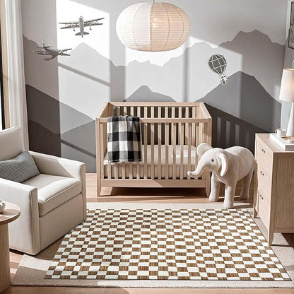 jinchan 4x6 Brown Checkered Area Rugs for Kids Room - Machine Washable Rug Modern Neutral Geometric Lattice Soft Non-Slip Carpet for Nursery Playroom Bedroom Entryway Living Room Home Office