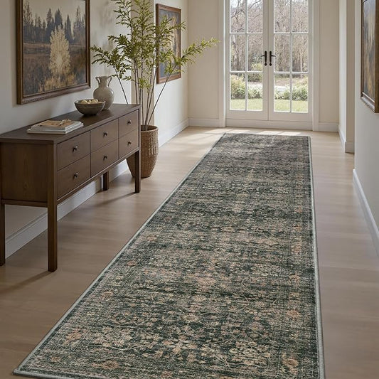 MontVoo-Vintage 2x10 Runner Rug-Soft Green Washable Runners for Hallways-Non Slip Bedside Rugs for Bedroom-Machine Washable Long Rug for Hallways Entryway Laundry Room Stair Kitchen Bathroom