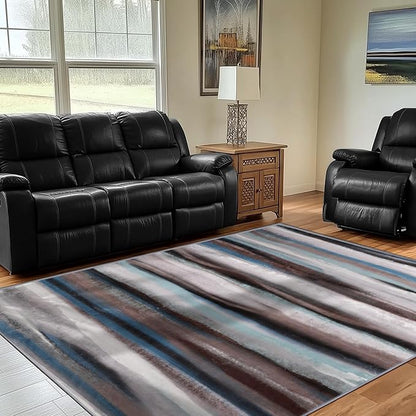 4x6 Abstract Rug for Entryway, Modern Stripe Washable Indoor Entry Way Area Rugs, Soft Non-Slip Door Mat Floor Carpet for Dining Room Kitchen Bedroom - Blue/Brown/Multi