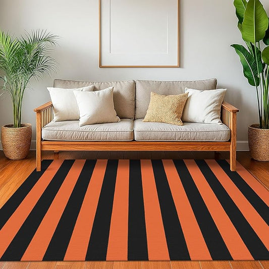 KOZYFLY Striped Outdoor Rug 4x6 Ft Orange and Black Halloween Fall Hand Woven Area Rug Washable Outdoor Doormats Indoor Entrance Mat for Front Door Kitchen Entryway Patio Front Porch Decor
