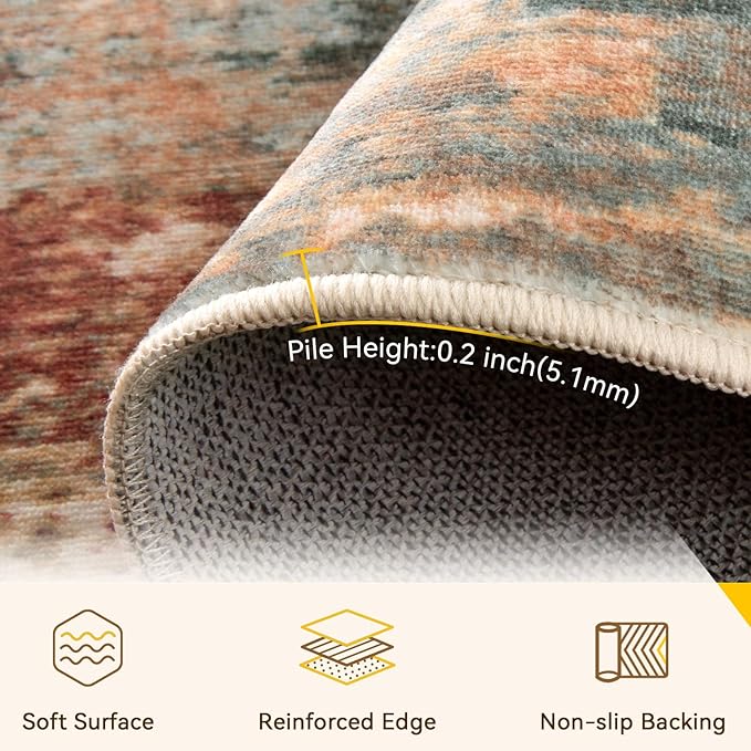 Washable Area Rugs 7'x9' Non-Slip Modern Abstract Soft for Living Room Entryway Bedroom Nursery, Print Pattern, Brown Rust Red Multi
