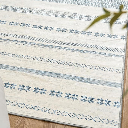 jinchan Moroccan Boho 8x10 Area Rugs for Living Room - Machine Washable Soft Throw Rug Bohemian Ripple Design Non-Slip Carpet for Bedroom Dining Room Home Office (8‘x10', Blue)