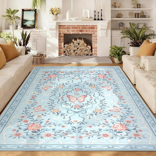 GarveeHome 8x10 Area Rugs for Living Room Washable Rugs Non Slip Stain Resistant Bedroom Floral Rugs Low Pile Soft Dining Room Throw Carpet Blue Bow Large Carpet for Home Office Decor, 8x10