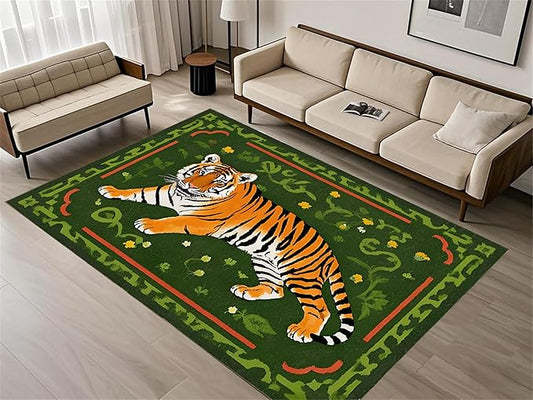 Jungle Tiger Area Rug,5x7ft, Cozy Jungle Style Tiger Print Area Rug Surrounded by Green Plants and Yellow Flowers Washable Animal Rug for Farmhouse Living Room Bedroom Kitchen Kids Room Decor