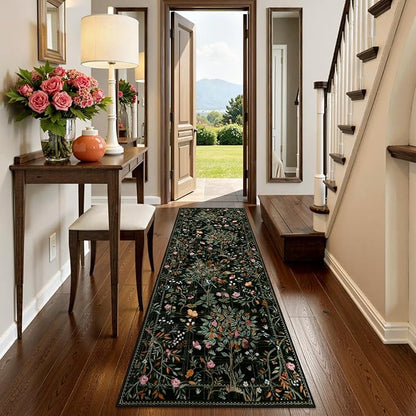 Morebes Floral Washable Rug Runners for Hallways Non Slip, Flower Kitchen Runner Rug 2x6, Boho Botanical Ultra-Thin Soft Floor Carpet for Bathroom Entryway Laundry Room, Black