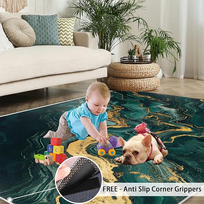 3x4 Abstract Marble Rugs for Entryway - Emerald-Green-Marble Kids Bedroom Rug, Luxury Stone Pattern Mudroom Rug Soft for Coffee Shop Living Room Under Table Game Room