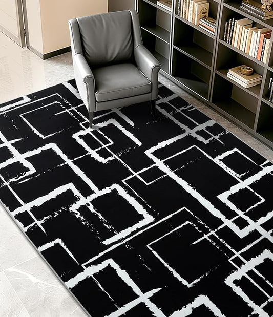 YIHOUSE Black Modern Geometric Area Rug 5x7, Black and White Rug with Abstract Rectangular Patterns,Non-Shedding Washable Rugs for Bedroom, Home Office and Small Living Room