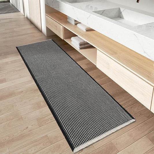 AMOAMI Upgraded Waffle Runner Rug Super Absorbent Non Slip Bath Mats for Bathroom Machine Washable Bathroom Runner Rug with Tassels, Ideal for Hallway Bedroom Laundry Room, 2' x 6', Black & Cream