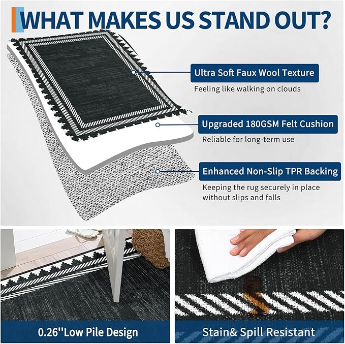 Modern Low Pile Non Slip 5x7 Machine Washable Living Room Area Rug Foldable Modern Geometric Soft Floor Carpet Geometric Bordered Stain Resistant Indoor Rug with Rubber Back, Black