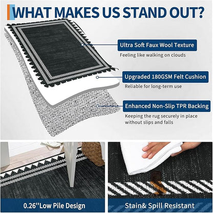 Modern Low Pile Non Slip 5x7 Machine Washable Living Room Area Rug Foldable Modern Geometric Soft Floor Carpet Geometric Bordered Stain Resistant Indoor Rug with Rubber Back, Black