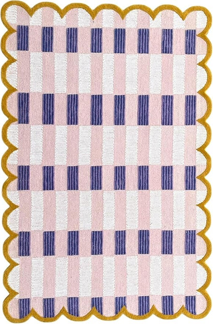 Hand-Tufted Wool Rug with Scalloped Edges, Light Blue Plaid Pattern, Cozy Soft Area Rug for Living Room, Bedroom, and Nursery, Handmade Modern Accent Rug (Pink, 3X5 FEET)
