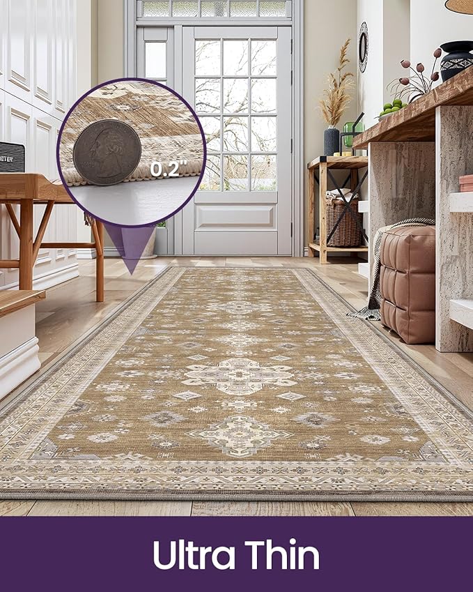 DEXI Hallway Runner Rug 3x10, Distressed Non Slip Runners Carpet, Boho Vintage Soft Thin Indoor Rug, Stain Resistant Washable Entry Mat for Entryway Kitchen Laundry Room Living Room, Light Brown
