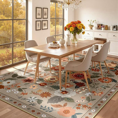 Floral 8x10 Area Rug Machine Washable Soft Print Boho Carpet Non Slip Doormat Low Pile Flower Area Rugs for Living Room Bedroom Nursery Kitchen Dining Room Indoor-Brown/Brick