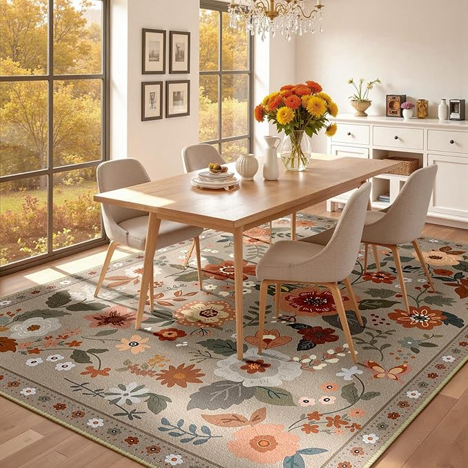 Floral 6x9 Area Rug Machine Washable Soft Print Boho Carpet Non Slip Doormat Low Pile Flower Area Rugs for Living Room Bedroom Nursery Kitchen Dining Room Indoor-Brown/Brick