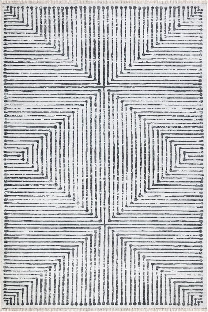 Bloom Rugs Caria Washable Non-Slip 5x7 Rug - Ivory/Black Striped Area Rug for Living Room, Bedroom, Dining Room, and Kitchen - Exact Size: 5' x 7'