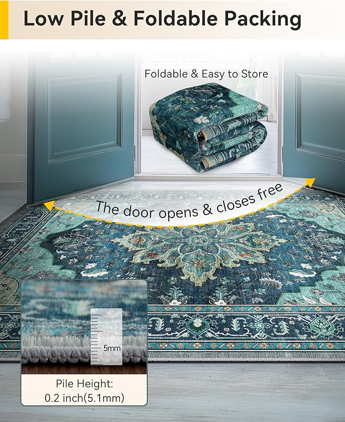Area Rugs 2'x7' Washable Non-Slip, Floral Vintage Distress Print Pattern Medallion Carpet for Living Room Bedroom Dining Room, Teal Green Lake Blue Turquoise