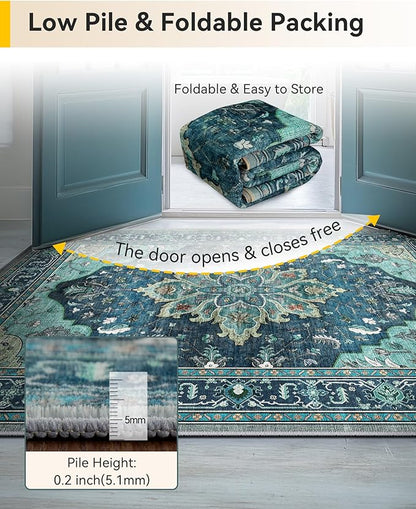 Area Rugs Square 10ft Washable Non-Slip, Floral Vintage Distress Print Pattern Medallion Carpet for Living Room Bedroom Dining Room, Teal Green Lake Blue Turquoise