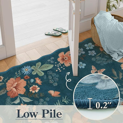 Lahome Floral Hallway Runner Rug Non Slip, 2'6''x10' Washable Runner Soft Ultra-Thin Soft Runners for Hallways, Kitchen Distressed Carpet for Entryway Bathroom(Navy Blue)