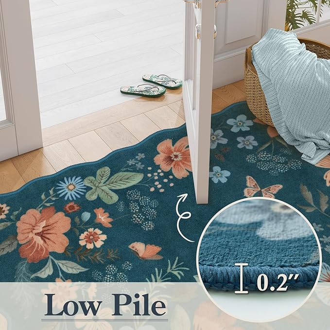 Lahome Floral Machine Washable Rug, 3x5 Rug Non Slip Soft Bedroom Rugs for Entryway Dorm, Ultra-Thin Boho Rugs for Living Room Stain Resistan Throw Carpet for Nursery Entrance, Navy Blue