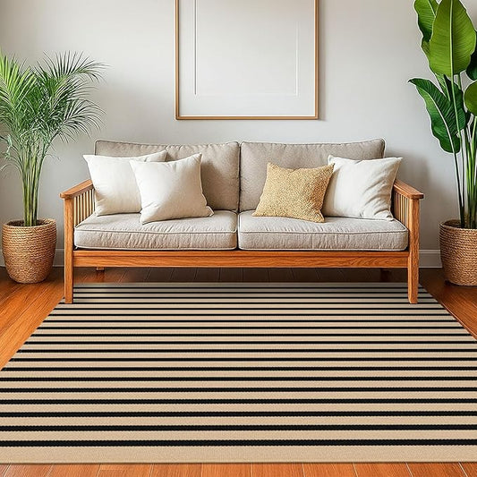 KOZYFLY Brown and Black Striped Rug 4x6 Ft Area Rug Washable Indoor Outdoor Rug Cotton Door Mat for Double Front Door Entryway Patio Porch Living Room Carpet