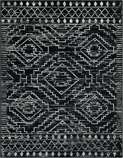 Wonnitar Moroccan Washable Area Rug 5x7, Black Large Rug for Living Room, Non-Slip Boho Bedroom Throw Mat, Low Pile Stain Resistant Geometric Floor Carpet for Dining Table Kitchen Dorm (Black,5'x7')