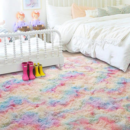 Beglad Fluffy Area Rugs 4x6 Feet, Modern Minimalist Style Shag Rugs, Non-Slip Indoor Carpet Soft Rugs for Bedroom, Living Room & Kids Room, Rainbow