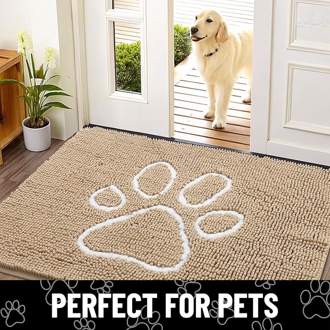 Smiry Dog Door Mat for Muddy Paws, Absorbent Dirt Trapper Non Slip Quick Dry Washable Chenille Mat for Mud Dogs, Entry Rug for Indoor and Outdoor (40x32 Inches, Beige and White)
