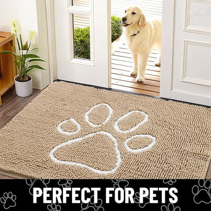 Smiry Dog Door Mat for Muddy Paws, Absorbent Dirt Trapper Non Slip Quick Dry Washable Chenille Mat for Mud Dogs, Entry Rug for Indoor and Outdoor (30x20 Inches, Beige and White)