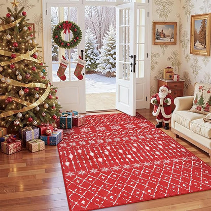 Lahome Christmas Rug 3x5 Red Washable Non Slip Small Area Rug Soft Low Pile Office Carpet Moroccan Snowflake Throw Rug for Living Dining Room Bedroom Xmas Holiday Decor Bedroom Rugs,