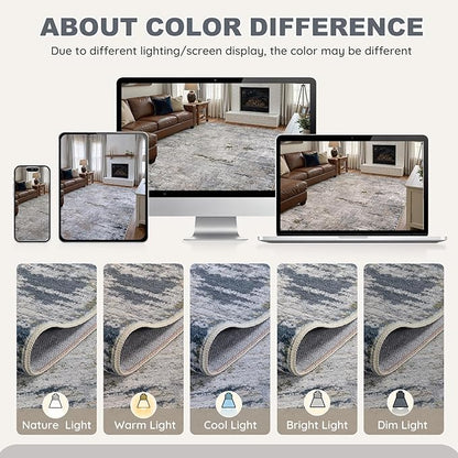 Area Rug Living Room Rugs - 5x7 Washable Large Soft Indoor Neutral Modern Abstract Low Pile Rug Carpet for Bedroom Dining Room Farmhouse Home Office - Blue/Grey/Brown