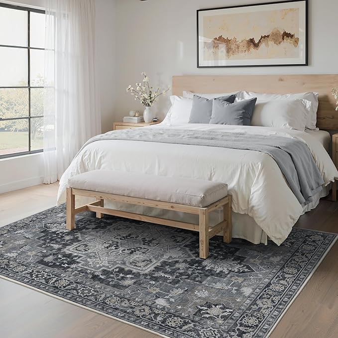 5x7 Area Rugs for Living Room, Machine Washable Rug, Non Slip Vintage Rugs, Low Pile Lightweight Print Rug for Bedroom, Dining Room, Home Office, Dark Gray