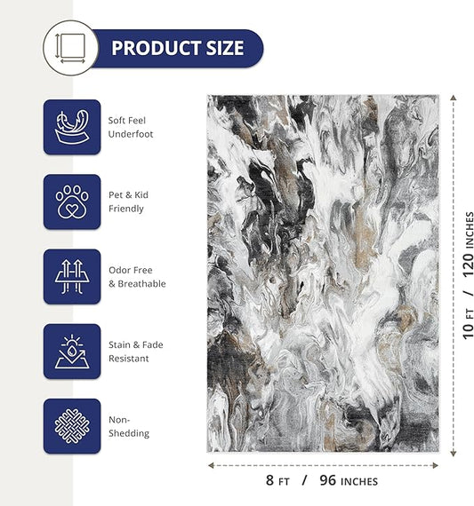 Abani Regal Collection Area Rug - Abstract Grey Black Marble Swirl Design - for Living Room, Bedroom & Office (8X 10') Washable
